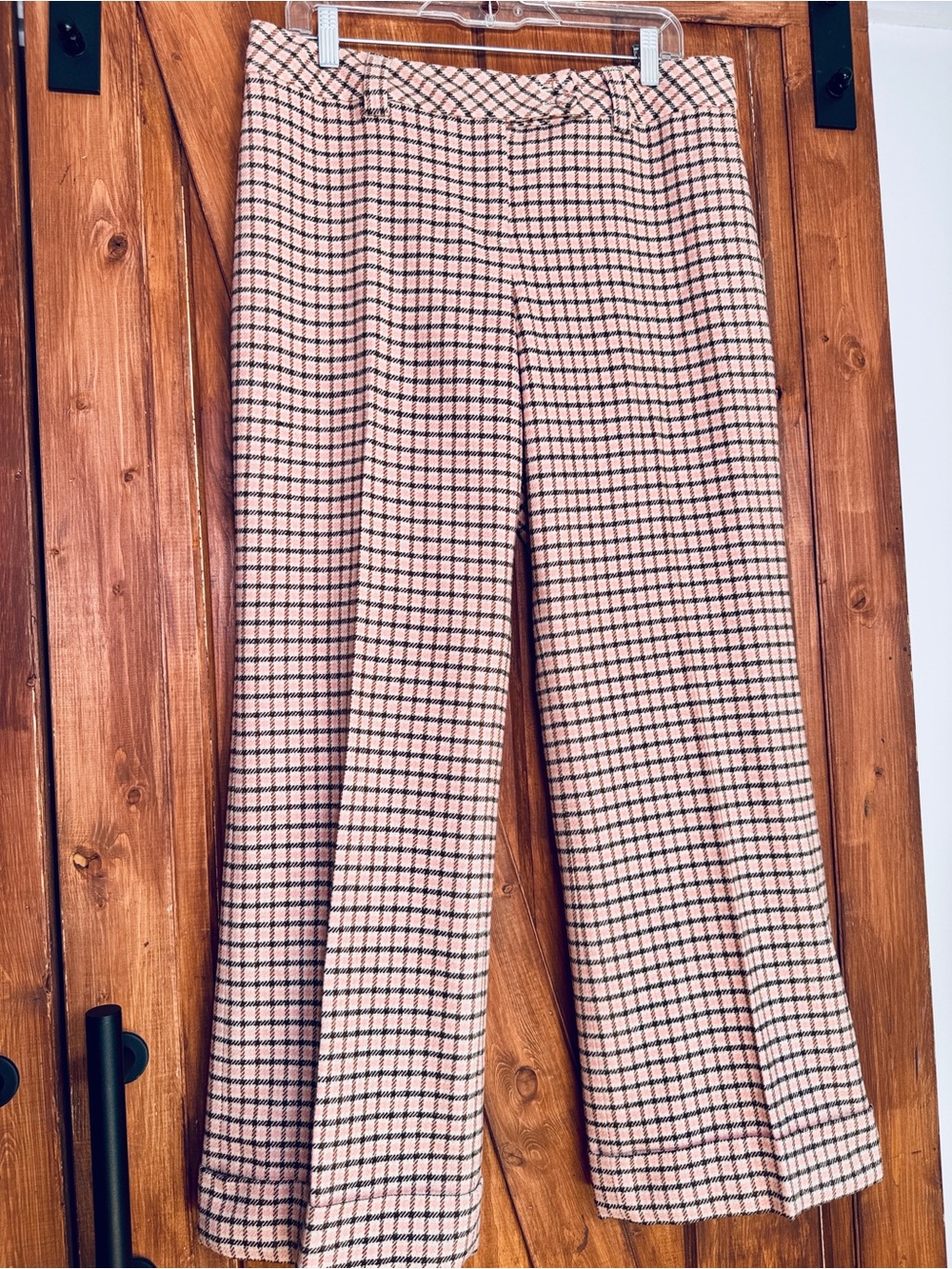 LOFT Cream and Black Wool Checked Wide-Leg Pants